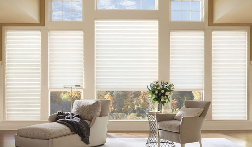 Living room with Hunter Douglas window treatments