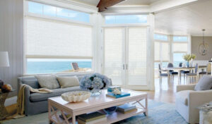 Bright living room with Hunter Douglas shades