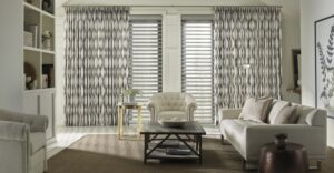 Living room with pattern drapery and blinds