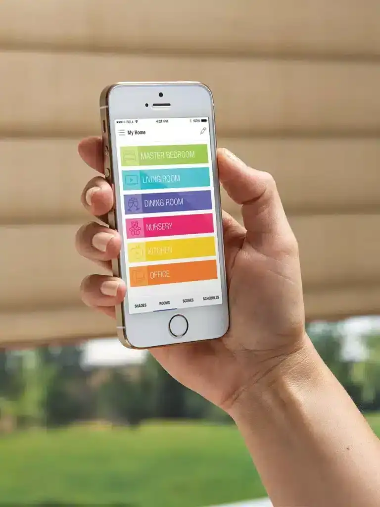 Smartphone displaying home automation interface for room control.