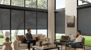 Modern custom sun shades for windows in a cozy living room.