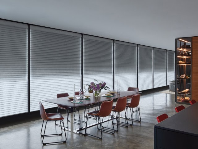 Modern window shades for stylish interior decor, offering privacy and light control in dining and living spaces. Ideal for enhancing home comfort with quality sun shades and blinds.