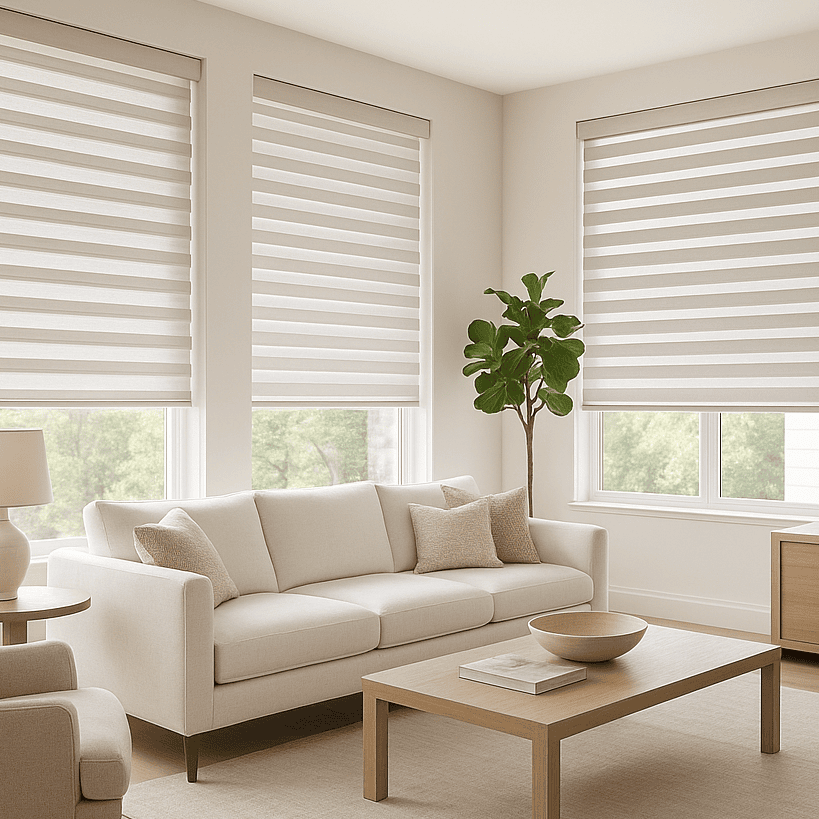 Bright living room with large windows, white blinds, beige sofa, wooden coffee table, and indoor plant, creating a cozy and airy atmosphere.