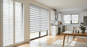 Bright modern kitchen with large windows featuring white blinds, sleek white cabinetry, stainless steel appliances, wooden dining table, and minimalistic decor for a fresh, airy atmosphere.