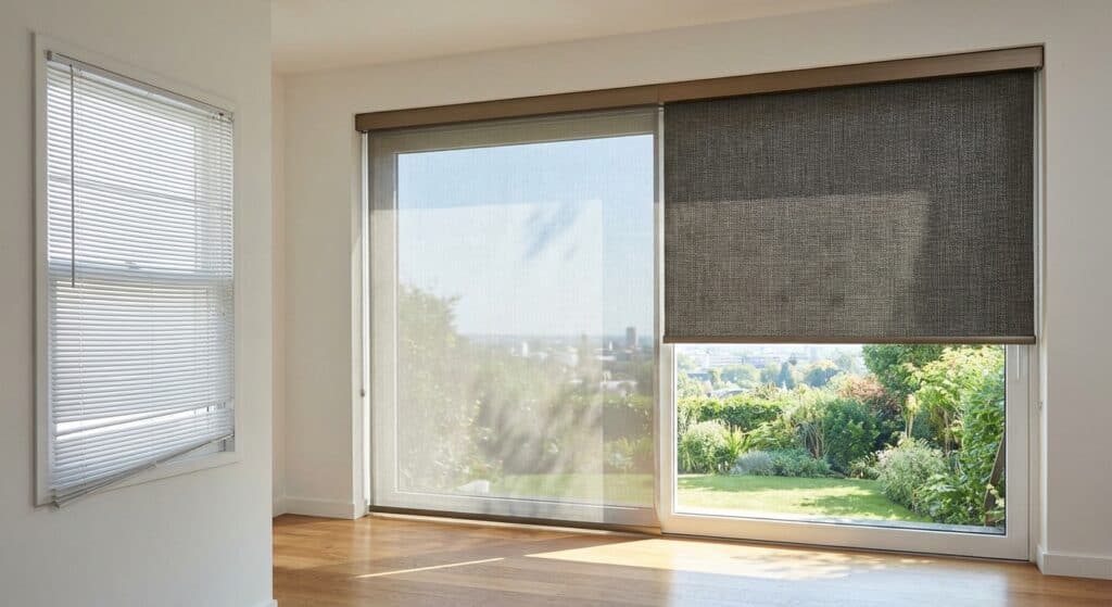 Bright living room with large windows showcasing lush garden view and adjustable window blinds for optimal light control.