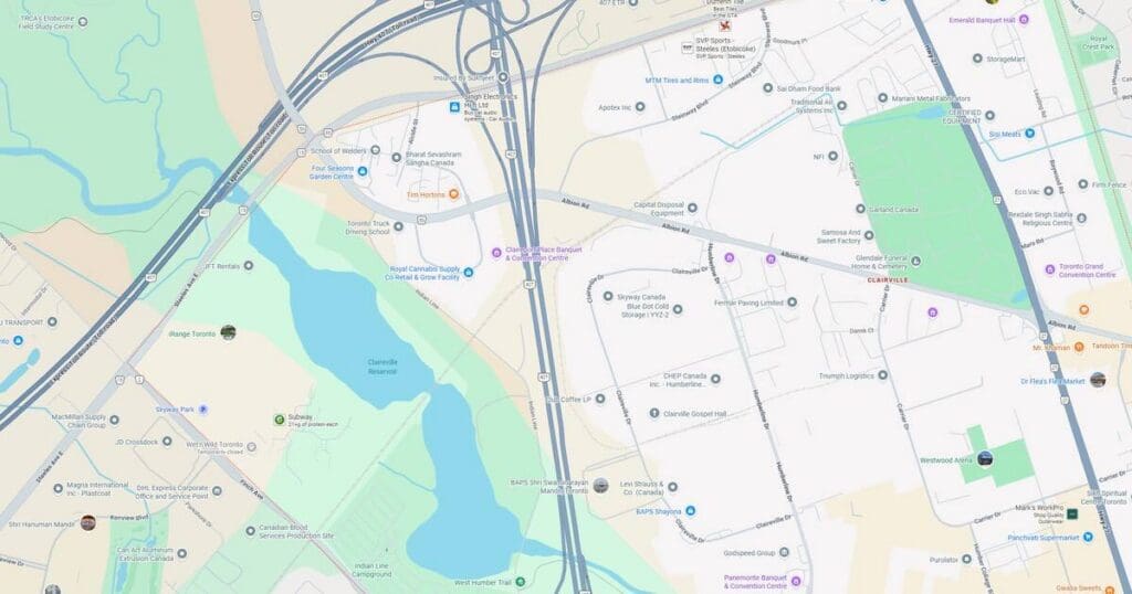 Detailed city map showing roads, highways, parks, and water bodies for navigation and urban planning.