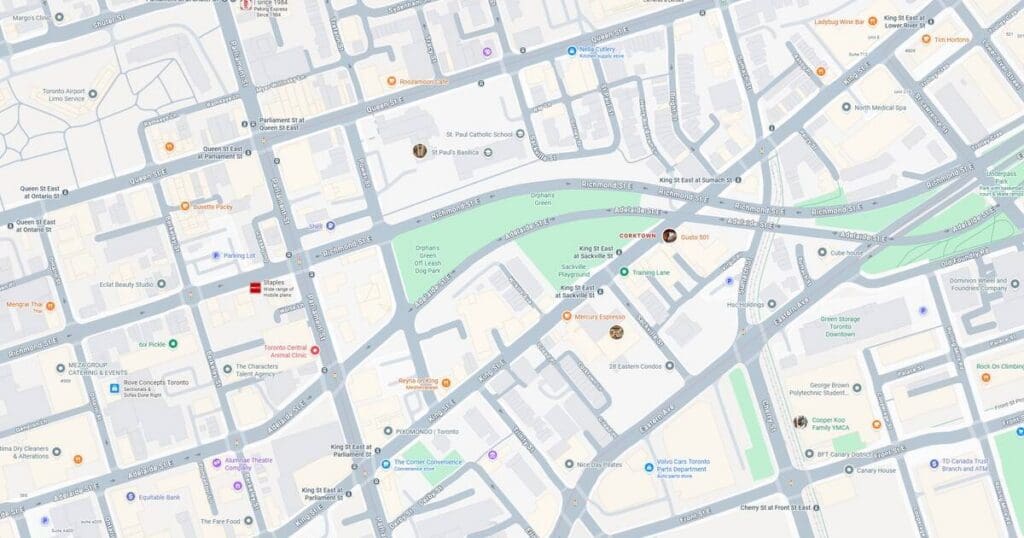 Detailed city map showing transit lines, parks, and streets with labels for navigation and urban planning.
