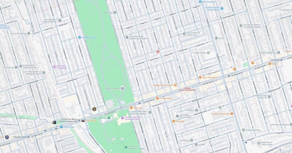 Detailed city map showing streets, parks, and public transportation routes in an urban area.