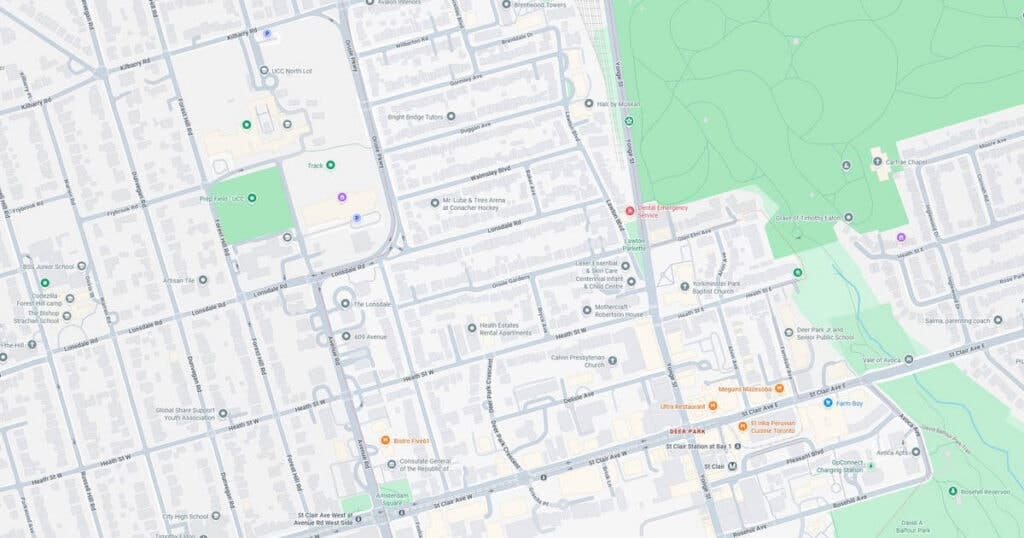Detailed city map showing streets, parks, and landmarks with labels and icons for navigation and reference.