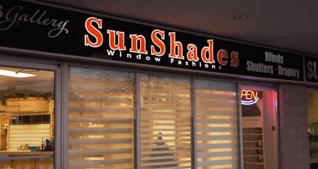 SunShades window fashion store with window blinds, shutters, and drapery solutions in a shopping mall.