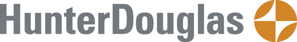 Close-up of modern window blinds with Hunter Douglas logo in the background, showcasing sleek design and quality craftsmanship.