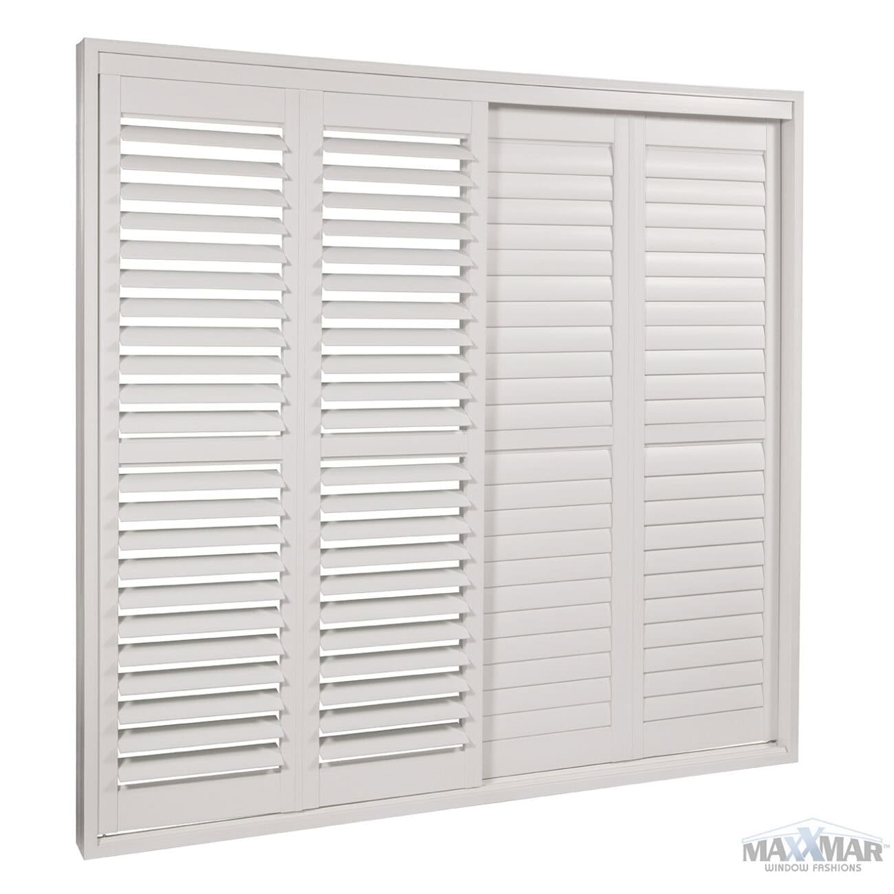 White shutter system with bypass tracking for window privacy and light control, featuring adjustable louvers and sliding panels.