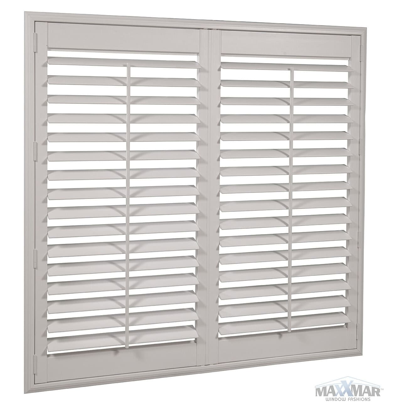White window shutters with adjustable louvers, designed for privacy and light control, in a modern home setting.
